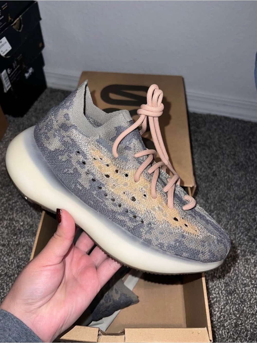Yeezy Kids Low-Top Knit Sneaker in Gray, Beige and Peach